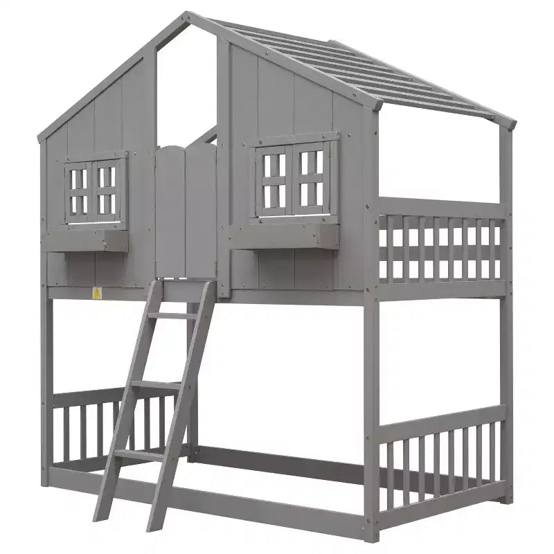 Letto a Castello a Casetta, una Piazza e Mezza, con Tetto e Finestre per Bambini, Struttura in Legno con Porta, Scala e Ringhiera