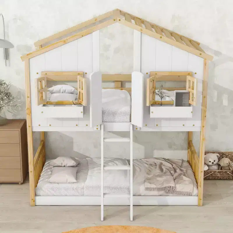 Letto a Castello a Casetta, una Piazza e Mezza, con Tetto e Finestre per Bambini, Struttura in Legno con Porta, Scala e Ringhiera