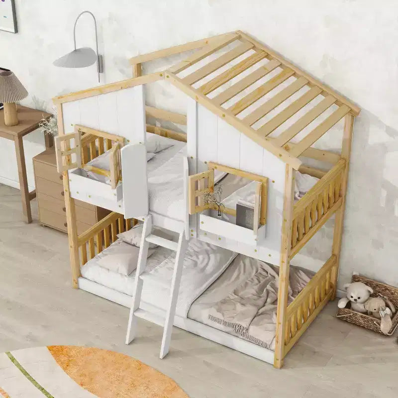 Letto a Castello a Casetta, una Piazza e Mezza, con Tetto e Finestre per Bambini, Struttura in Legno con Porta, Scala e Ringhiera