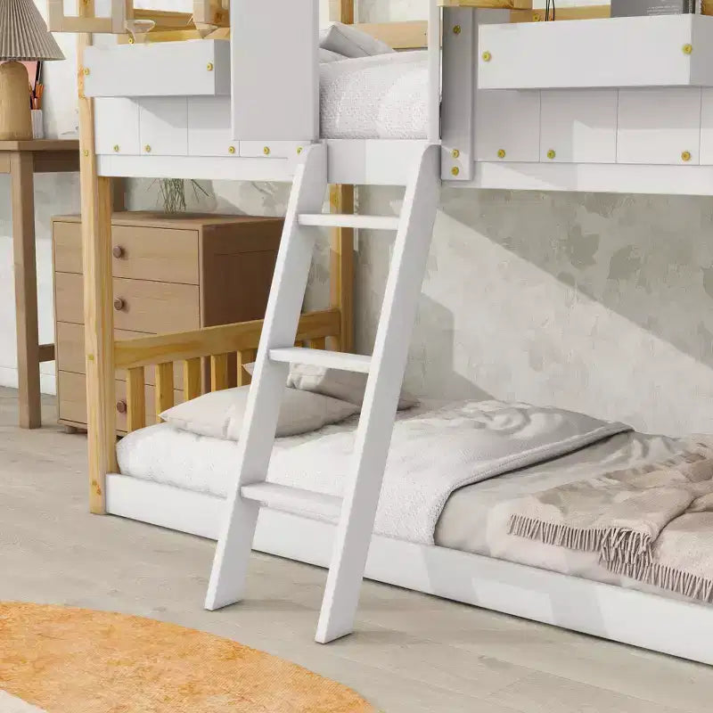 Letto a Castello a Casetta, una Piazza e Mezza, con Tetto e Finestre per Bambini, Struttura in Legno con Porta, Scala e Ringhiera