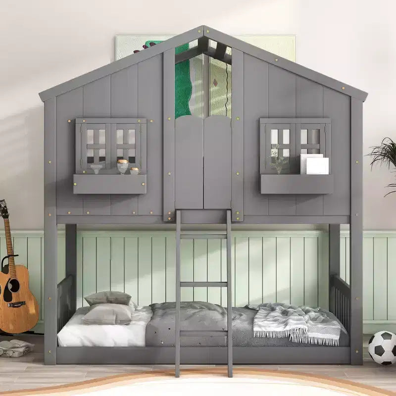 Letto a Castello a Casetta, una Piazza e Mezza, con Tetto e Finestre per Bambini, Struttura in Legno con Porta, Scala e Ringhiera