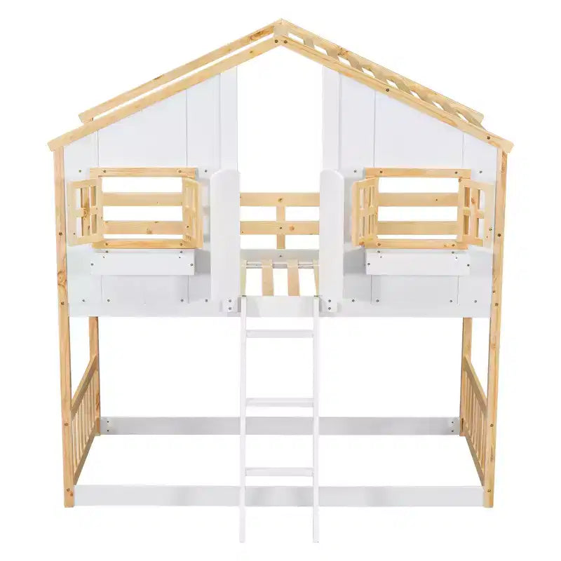 Letto a Castello a Casetta, una Piazza e Mezza, con Tetto e Finestre per Bambini, Struttura in Legno con Porta, Scala e Ringhiera