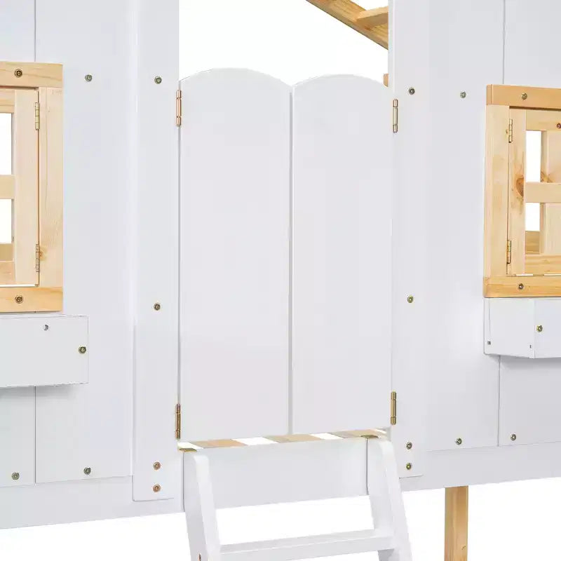 Letto a Castello a Casetta, una Piazza e Mezza, con Tetto e Finestre per Bambini, Struttura in Legno con Porta, Scala e Ringhiera