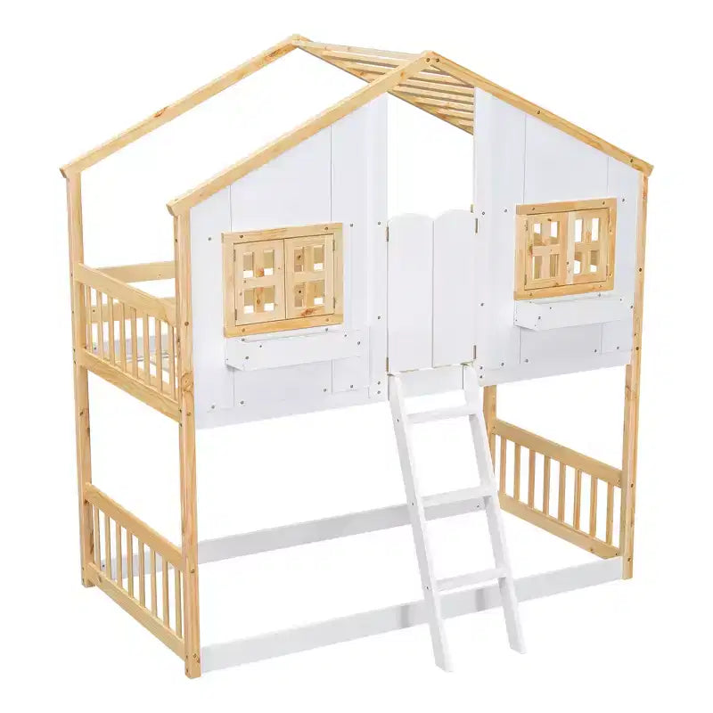 Letto a Castello a Casetta, una Piazza e Mezza, con Tetto e Finestre per Bambini, Struttura in Legno con Porta, Scala e Ringhiera