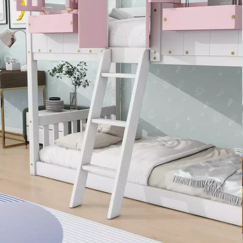 Letto a Castello a Casetta, una Piazza e Mezza, con Tetto e Finestre per Bambini, Struttura in Legno con Porta, Scala e Ringhiera