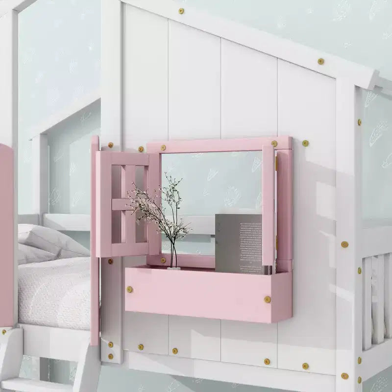 Letto a Castello a Casetta, una Piazza e Mezza, con Tetto e Finestre per Bambini, Struttura in Legno con Porta, Scala e Ringhiera