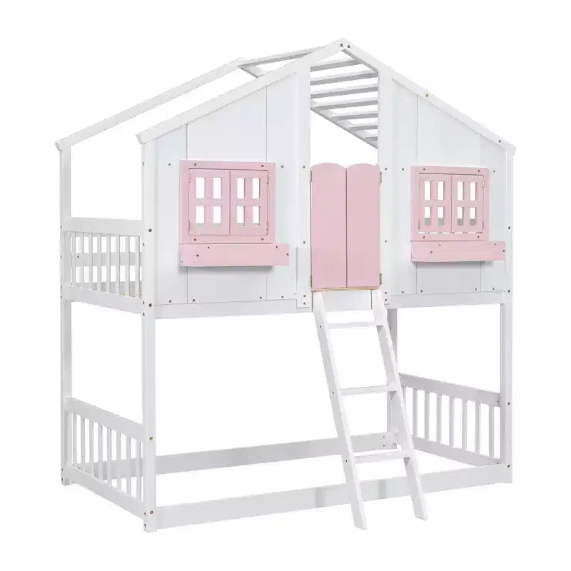 Letto a Castello a Casetta, una Piazza e Mezza, con Tetto e Finestre per Bambini, Struttura in Legno con Porta, Scala e Ringhiera