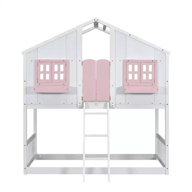Letto a Castello a Casetta, una Piazza e Mezza, con Tetto e Finestre per Bambini, Struttura in Legno con Porta, Scala e Ringhiera