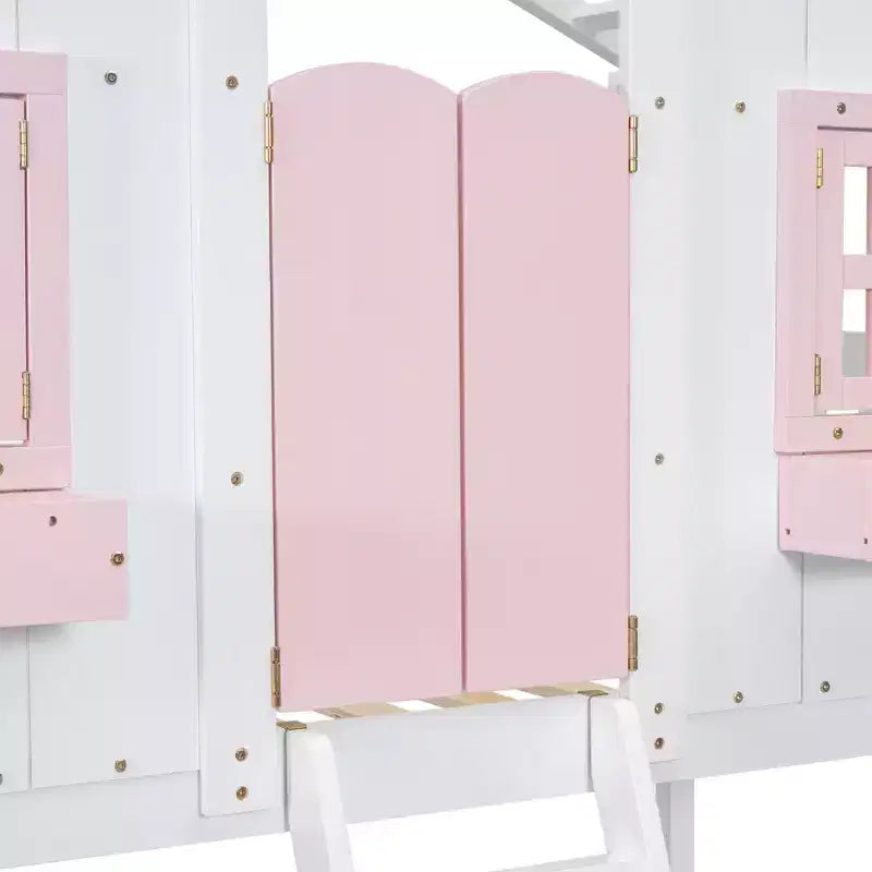 Letto a Castello a Casetta, una Piazza e Mezza, con Tetto e Finestre per Bambini, Struttura in Legno con Porta, Scala e Ringhiera