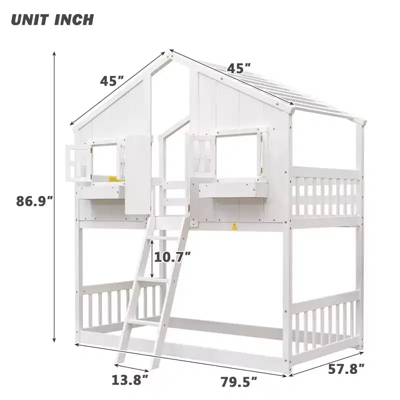 Letto a Castello a Casetta, una Piazza e Mezza, con Tetto e Finestre per Bambini, Struttura in Legno con Porta, Scala e Ringhiera
