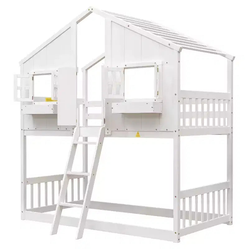 Letto a Castello a Casetta, una Piazza e Mezza, con Tetto e Finestre per Bambini, Struttura in Legno con Porta, Scala e Ringhiera
