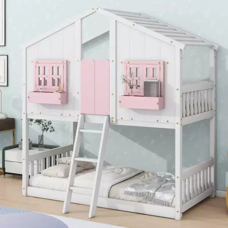 Letto a Castello a Casetta, una Piazza e Mezza, con Tetto e Finestre per Bambini, Struttura in Legno con Porta, Scala e Ringhiera
