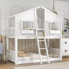 Letto a Castello a Casetta, una Piazza e Mezza, con Tetto e Finestre per Bambini, Struttura in Legno con Porta, Scala e Ringhiera