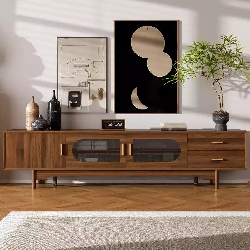 GDFStudio Petty Modern 78 TV Cabinet with Fluted Glass Doors. 2 Drawers and Shelves