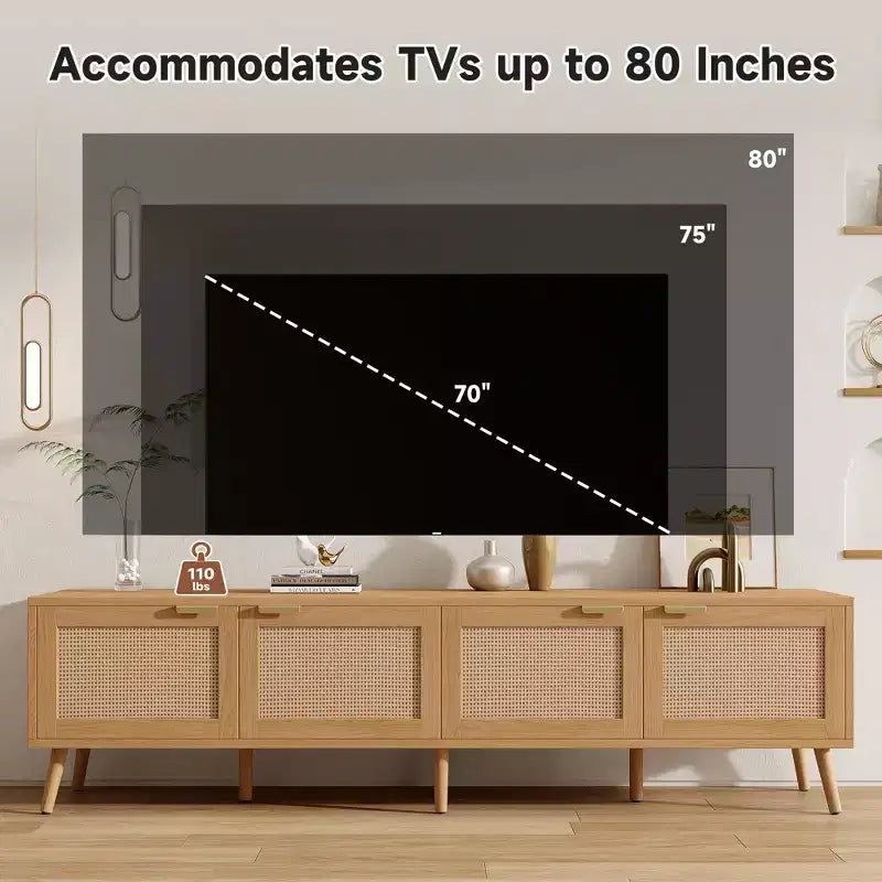 Mobile TV Primo 70 Boho per TV da 80", con ante in rattan e foro passacavi