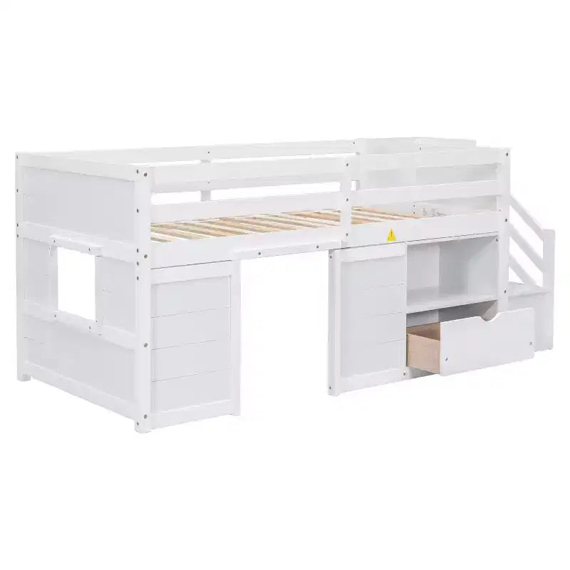 Cama baixa tipo loft individual em madeira maciça, 94.6L x 42.3W, com escada, gaveta e prateleira, design moderno e simples