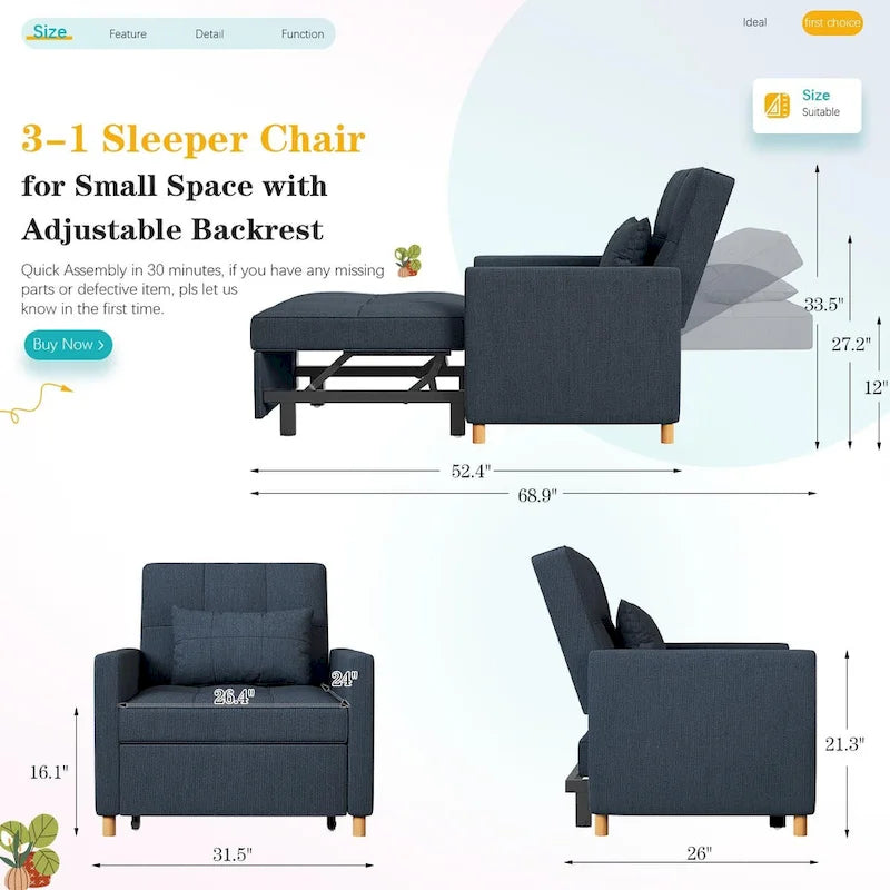 AECOJOY 3-in-1 slaapbankstoel met kussen en verstelbare rugleuning