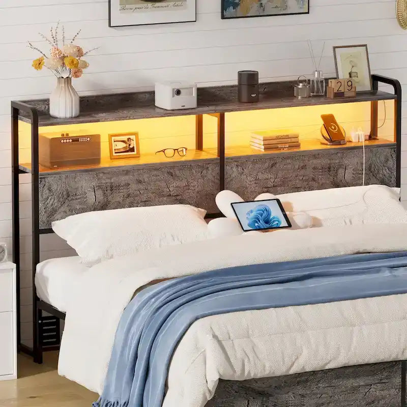 Tête de lit avec tiroirs de rangement et lumière LED, Tête de lit avec prises, ports USB