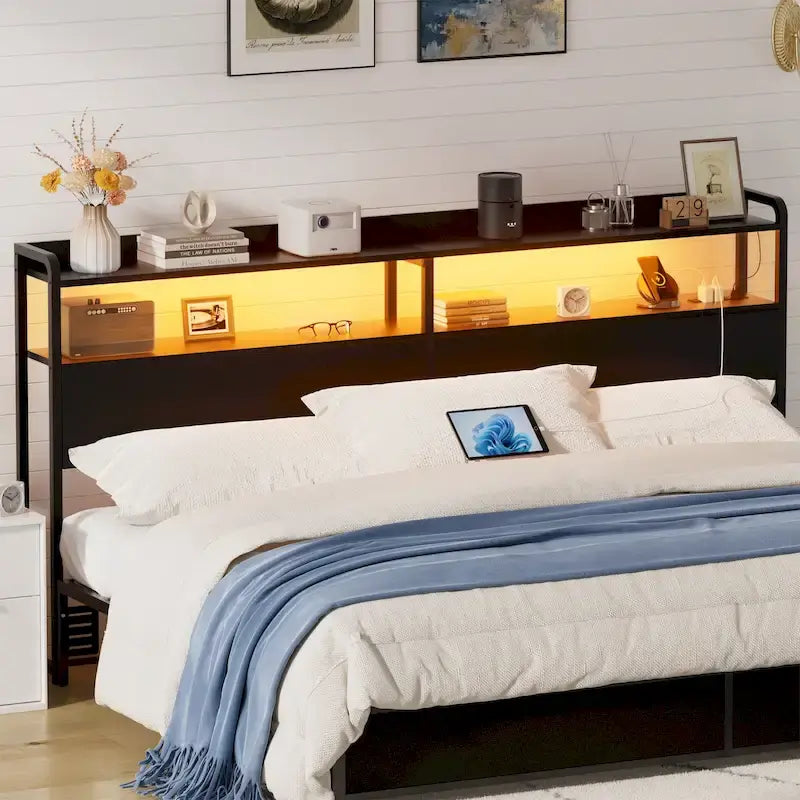 Tête de lit avec tiroirs de rangement et lumière LED, Tête de lit avec prises, ports USB