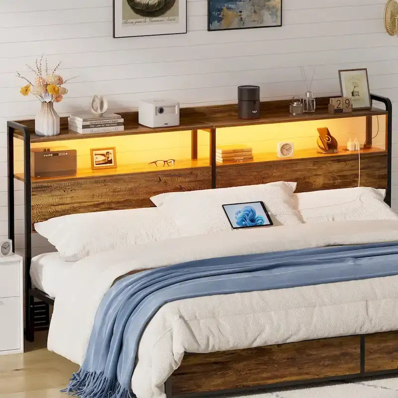 Tête de lit avec tiroirs de rangement et lumière LED, Tête de lit avec prises, ports USB