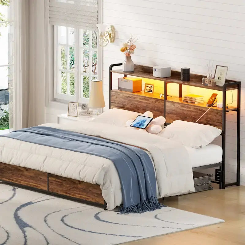 Tête de lit avec tiroirs de rangement et lumière LED, Tête de lit avec prises, ports USB