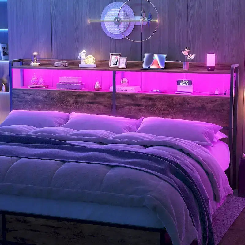 Tête de lit avec tiroirs de rangement et lumière LED, Tête de lit avec prises, ports USB