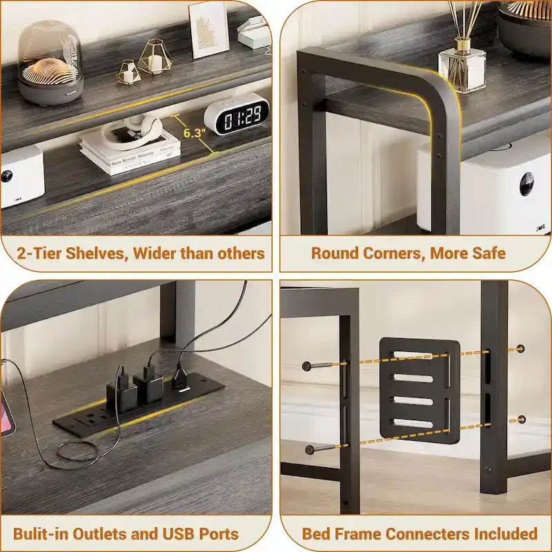 Headboard with Storage Drawers and LED Light, Head Board with Outlets, USB Ports