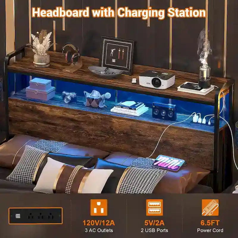 Headboard with Storage Drawers and LED Light, Head Board with Outlets, USB Ports