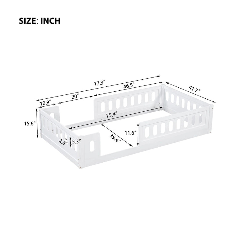 Letto a piattaforma in legno bianco dal design moderno per bambini con spondina di sicurezza per camera da letto