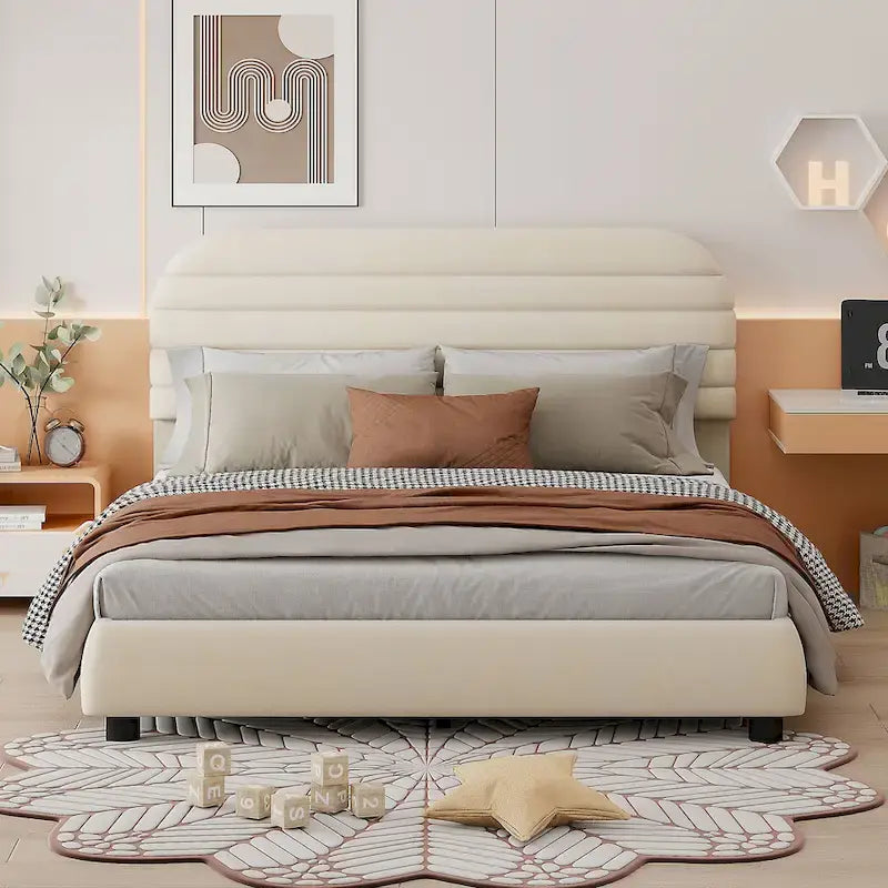 Queen Velvet Upholstered Bed with Adjustable Back