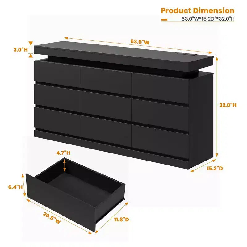 Cassettiera a 9 cassetti per camera da letto, cassettiera con stazione di ricarica e luci LED, armadio contenitore doppio in legno, cassettiera moderna e mobile TV
