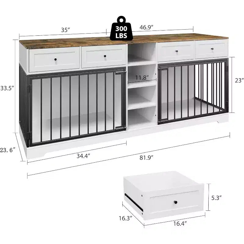 82 Casota de mobiliário para dois cães, canil grande para interior, casota de madeira resistente para 2 cães com suporte para TV, 4 gavetas e prateleiras