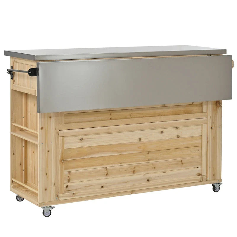 Outdoor Kitchen Island, Rustic Fir Wood with Stainless Steel Top and Smart Storage