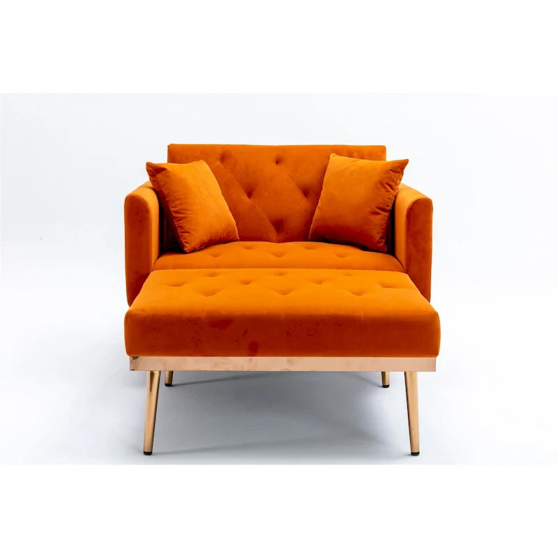 Poltrona letto in velluto imbottito e trapuntato per soggiorno, con gambe color oro rosato