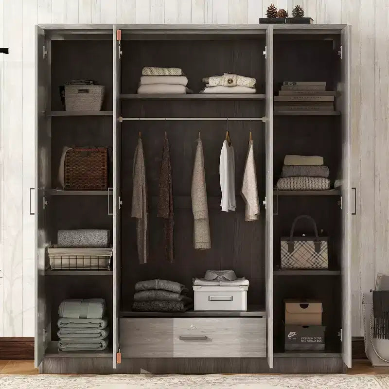 Guarda-roupa de madeira com 4 portas, varão para cabides, 1 gaveta e prateleiras de arrumação
