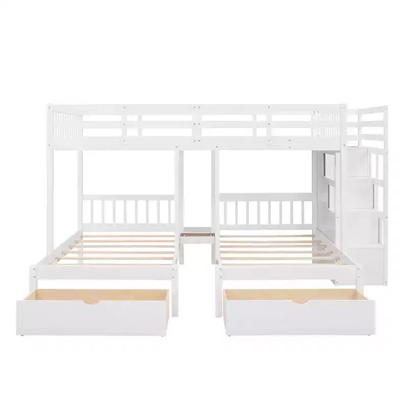 Cama em beliche Whisen Full sobre Twin & Twin, cama tripla de madeira com gavetas e guardas de proteção