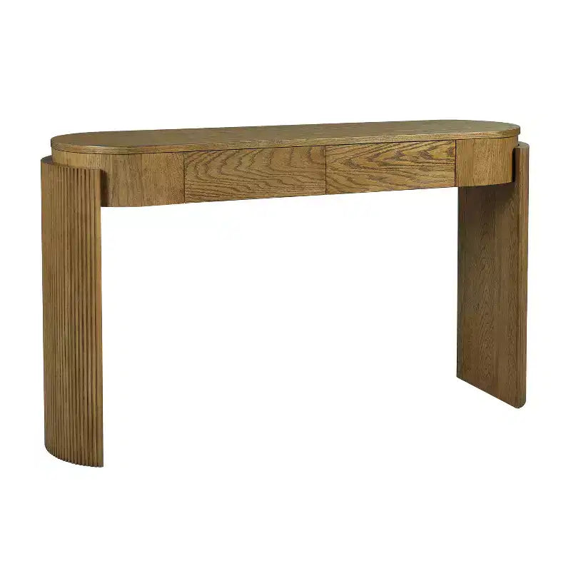 Mesa de consola moderna Merax com tampo oval e pernas curvas caneladas e duas gavetas ocultas