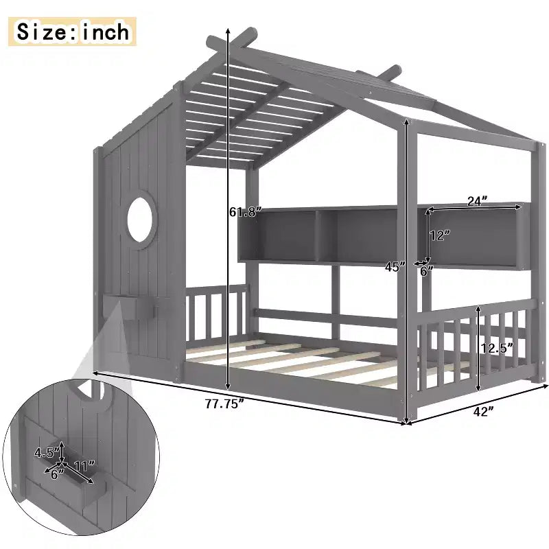 Bodenbett in Hausform mit integrierten Ablagefächern und Latten-Dach