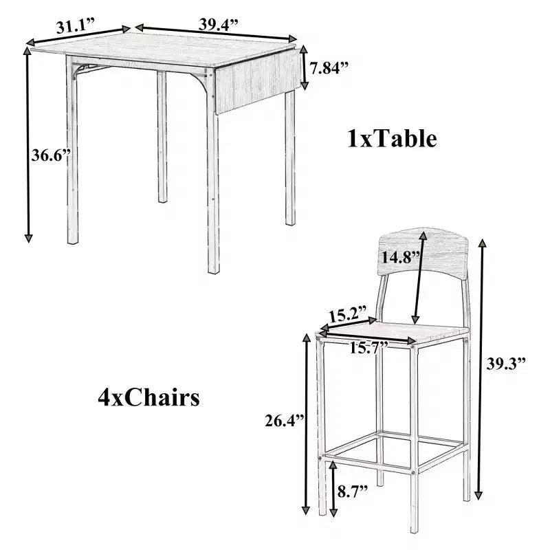Conjunto de mesa de jantar Whisen Farmhouse de 5 peças, com altura de bancada, tampo rebatível e cadeiras de jantar