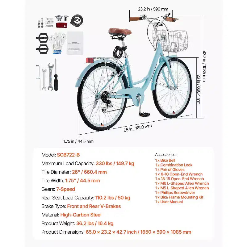 VEVOR Cruiser-Fahrrad, 7-Gang, 26-Zoll-Strand-Cruiser-Fahrrad in Hellblau mit großem Korb und Gepäckträger, sicheres und robustes Cruiser-Fahrrad, Hellblau