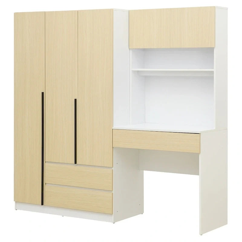 Roupeiro 3 em 1 com mesa de maquilhagem, conjunto de secretária, armário de quarto com 2 gavetas, 3 portas e espaço de arrumação