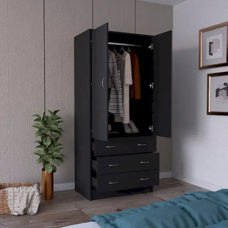 Armário moderno de duas portas 19 com 3 gavetas e 1 varão para quarto