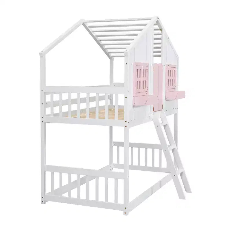 Cama alta de tamanho Twin em forma de casa, cama alta de madeira tipo casinha com escada e barreiras de proteção para crianças