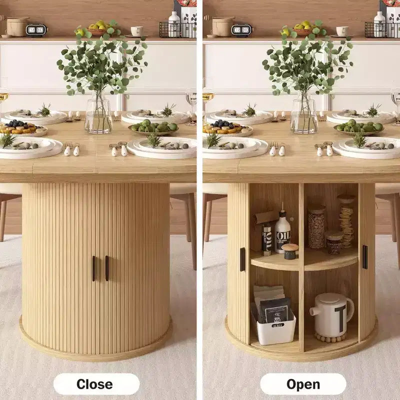 Mesa de cozinha e sala de jantar redonda extensível Dyonery 63 com prateleira de arrumação de 2 níveis, base pedestal, mobiliário de jantar em madeira oval circular, nogueira