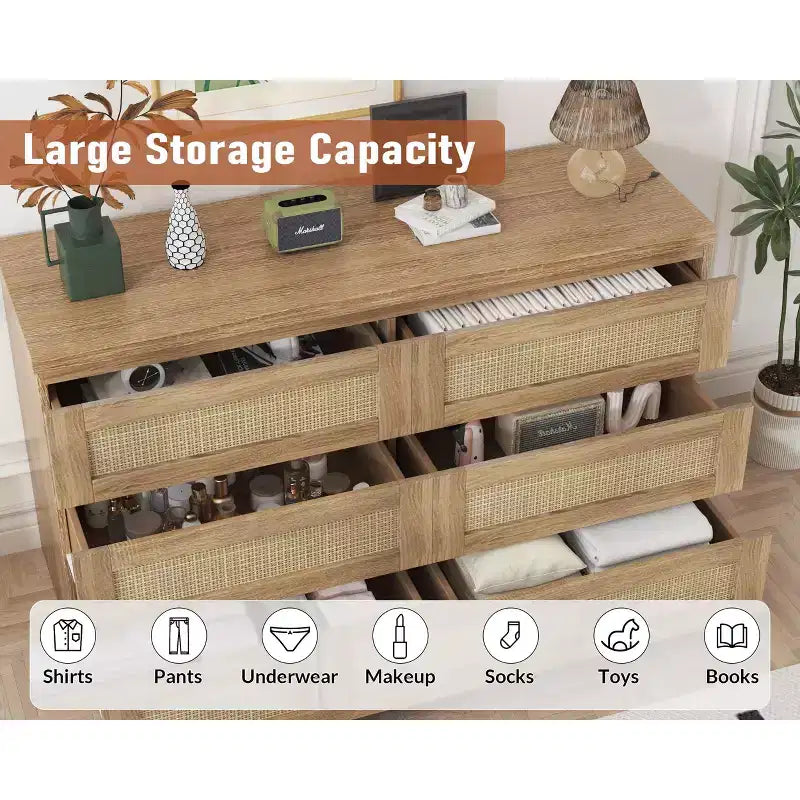 Cómoda de rattan para quarto com 6 gavetas, cómoda larga de estilo quinta moderno de 47, armário organizador de arrumação em madeira para closet, sala de estar e corredor