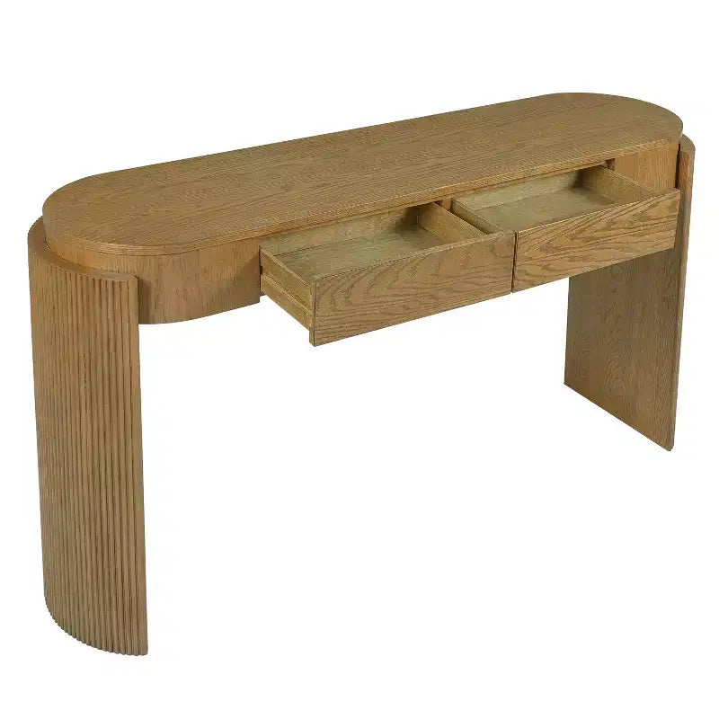 Mesa de consola moderna Merax com tampo oval e pernas curvas caneladas e duas gavetas ocultas