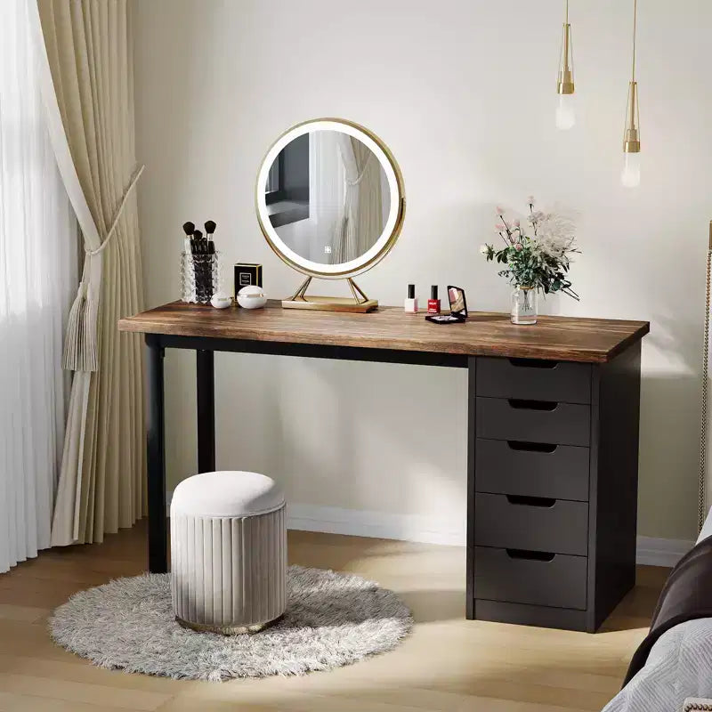 Secretária para computador de 47 polegadas com 5 gavetas de arrumação, mesa de estudo e escrita moderna de estilo rústico reversível, estação de trabalho para escritório em casa para espaços pequenos