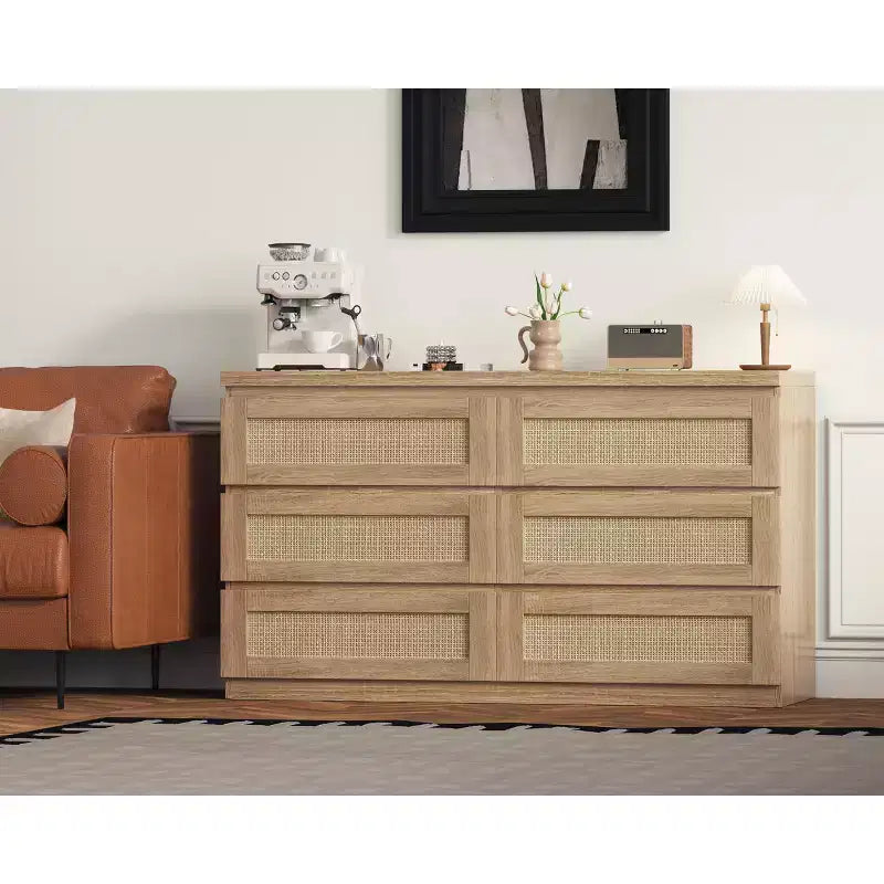 Cómoda de rattan para quarto com 6 gavetas, cómoda larga de estilo quinta moderno de 47, armário organizador de arrumação em madeira para closet, sala de estar e corredor