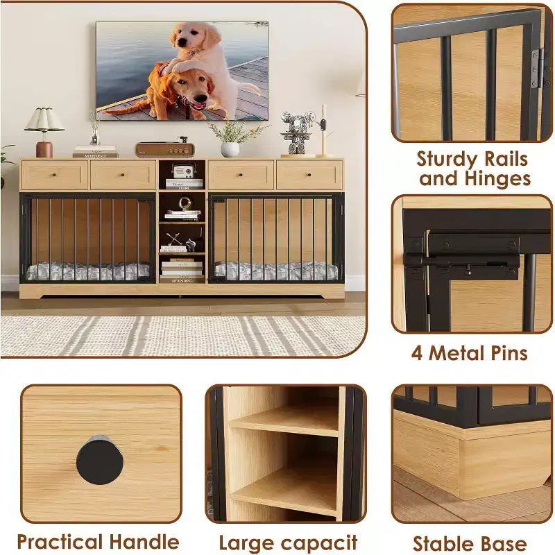 82 Casota de mobiliário para dois cães, canil grande para interior, casota de madeira resistente para 2 cães com suporte para TV, 4 gavetas e prateleiras