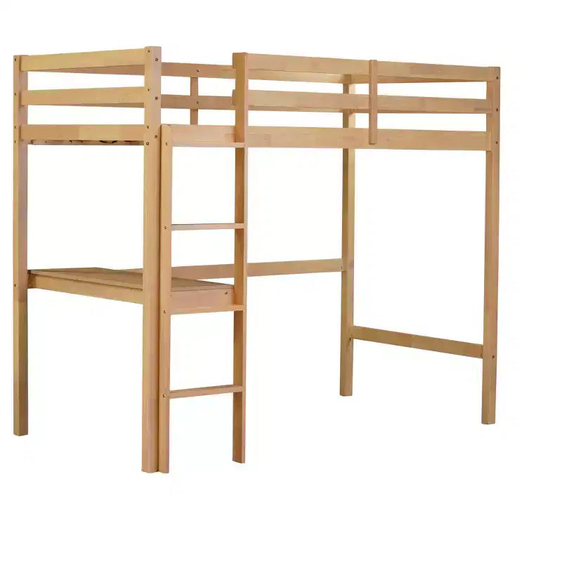 Lit mezzanine minimaliste Okak avec échelle, lit mezzanine double en bois d'hévéa avec barrière de sécurité et bureau intégré, cadres de lit pour enfants et adolescents